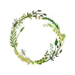 Floral wreath made of grass in circle. Hand drawn wild herbs and flowers. Botanical illustration. Great to place text, quote or logo. Round frame or border. Vector