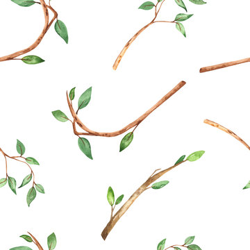 Watercolor multi directional seamless pattern with branches and leaves on a white background