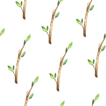 Watercolor seamless pattern with branches and leaves on a white background