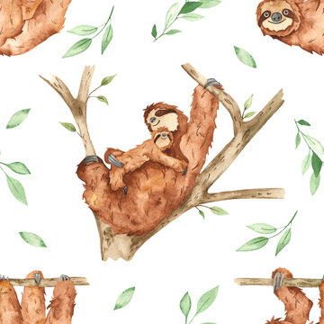 Watercolor seamless pattern with cute mom and baby sloths on a tree and leaves on a white background