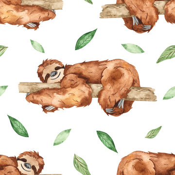 Watercolor seamless pattern with cute sleeping sloths on a tree and leaves on a white background