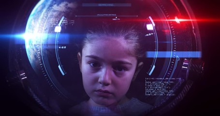Brave Beautiful Little Girl Astronaut In Space Helmet Looking At Camera. She Is Exploring Outer Space In A Space Suit. Science And Technology Related VFX 4K Concept Footage. - Powered by Adobe