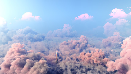 Rocket Launch through the clouds, Starship rocket to the mars. 3d rendering - obrazy, fototapety, plakaty
