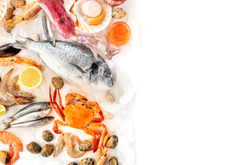 Fish and seafood background with copy space, a design template on a white background. Sea bream, prawns, crab, sardines, squid, shot from the top with a place for text