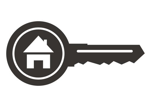 House at key, vector icon. Black silhouette of key with house. Concept for real estate agency or turnkey construction.