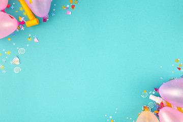 Flat lay decoration party on pastel blue background top view
