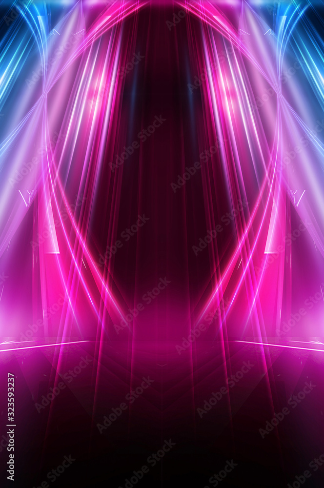 Wall mural abstract dark neon background with rays and lines. blue and pink, purple neon light. symmetrical ref