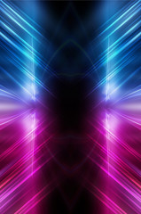 Obraz premium Abstract dark neon background with rays and lines. Blue and pink, purple neon light. Symmetrical reflection, mirroring. Modern futuristic geometric background.