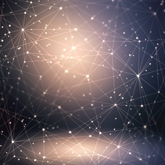 Fototapeta premium 3d technological network form into dark empty space. Mystery illuminated dark background. Dots and lines connected abstract pattern. Secret high tech digital illustration. Science fantastic.