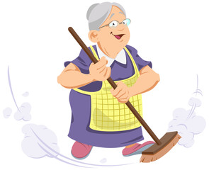 Elderly Woman with broom. Funny people.