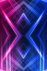 Abstract dark neon background with rays and lines. Blue and pink, purple neon light. Symmetrical reflection, mirroring. Modern futuristic geometric background.