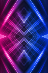 Abstract dark neon background with rays and lines. Blue and pink, purple neon light. Symmetrical reflection, mirroring. Modern futuristic geometric background.