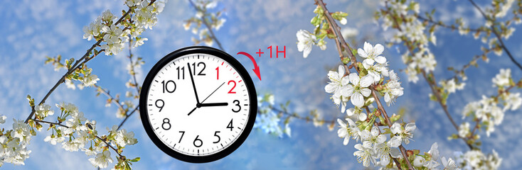 Daylight Saving Time (DST). Blue sky with white clouds and clock. Turn time forward (+1h).