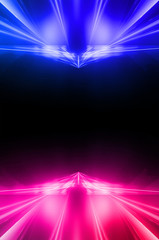 Abstract dark neon background with rays and lines. Blue and pink, purple neon light. Symmetrical reflection, mirroring. Modern futuristic geometric background.