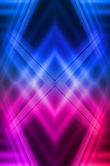 Abstract dark neon background with rays and lines. Blue and pink, purple neon light. Symmetrical reflection, mirroring. Modern futuristic geometric background.