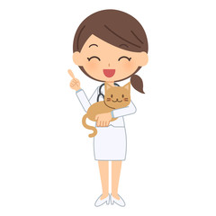 説明をする笑顔の獣医と猫