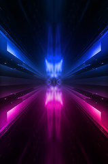 Abstract dark neon background with rays and lines. Blue and pink, purple neon light. Symmetrical reflection, mirroring. Modern futuristic geometric background.