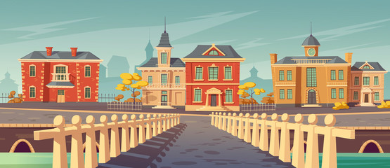 Bridge over rivet and promenade in old european town. Vector cartoon cityscape with old lake quay, empty seafront with retro architecture, autumn trees and pier © klyaksun