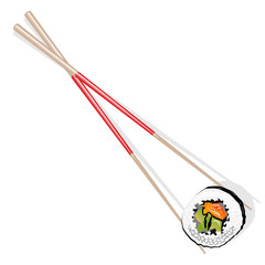 Illustration of roll sushi with salmon, prawn, avocado, cream cheese. Sushi menu. Japanese food isolated on white..