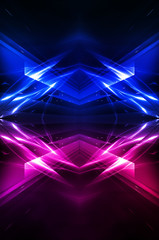 Abstract dark neon background with rays and lines. Blue and pink, purple neon light. Symmetrical reflection, mirroring. Modern futuristic geometric background.