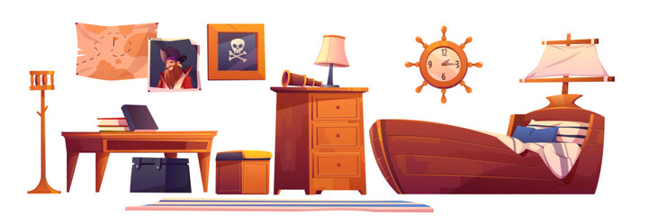 Pirate baby room interior set, thematic furniture and accessories ship bed with sail, steering wheel clock, treasure map, jolly roger scull picture, table, books, spyglass Cartoon vector illustration