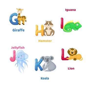Alphabet printable flashcard with letter G H I J K L. Zoo animals for english language education.