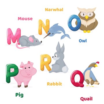 Alphabet printable flashcard with letter M N O P Q R. Zoo animals for english language education.