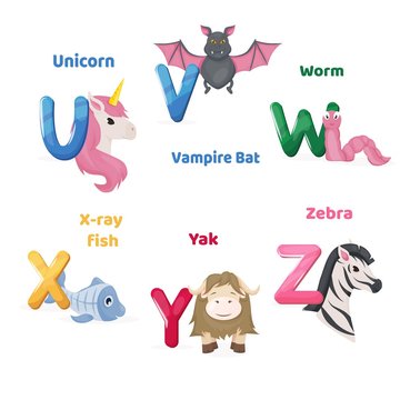 Alphabet printable flashcardswith letter U V W X Y Z. Zoo animals for english language education.