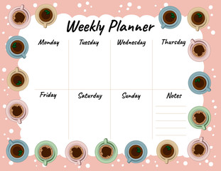Tea and coffee cups weekly planner and to do list. Morning cafe or restaurant breakfast. Cozy lagom scandinavian style template for agenda, planners, check lists, and stationary