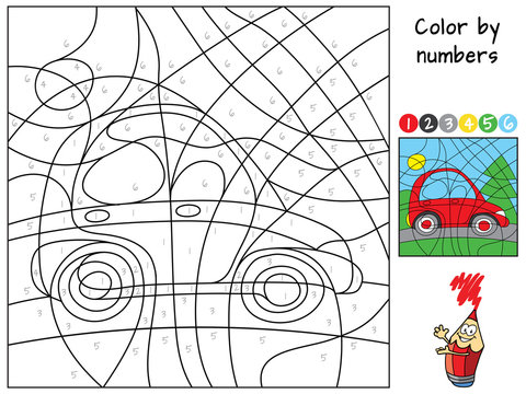 Red car. Color by numbers. Coloring book. Educational puzzle game for children. Cartoon vector illustration