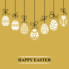 Vector illustrations of Easter card with decorative eggs hang on gold background