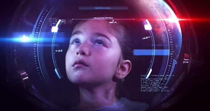 Brave Beautiful Little Girl Astronaut In Space Helmet Looking At Camera. She Is Exploring Outer Space In A Space Suit. Science And Technology Related VFX 4K Concept Footage.