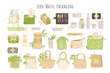 Organic Zero Waste Reusable packaging, paper boxes, Eco-friendly Natural Bamboo Cotton textile bag, washable lunch boxes and glass. Zero waste packaging vector collection