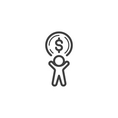 Man with dollar coin line icon. linear style sign for mobile concept and web design. Making and Saving Money outline vector icon. Currency exchange symbol, logo illustration. Vector graphics