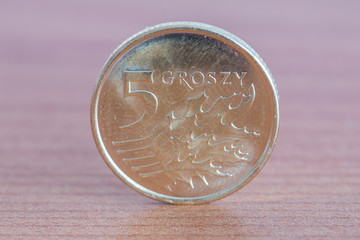 Polish 5 groszy coin on wooden table.