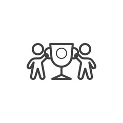 Two business man holding award cup line icon. linear style sign for mobile concept and web design. Team with trophy cup outline vector icon. Achievement symbol, logo illustration. Vector graphics