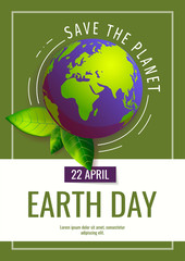 Card for Earth Day, World Environment Day with globe and fresh green leaves. Ecology, environment safety concept. A4 Vector illustration for poster, banner, placard, cover, flyer, postcard.