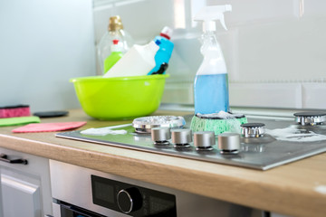 different items for cleaning your kitchen. Concept cleaning.