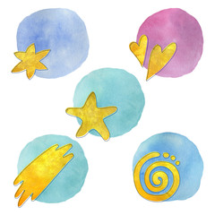 Hand painted watercolor abstract set with separate elements on the light background. Bright cartoon concept for invitations, posters, greeting cards and other design.