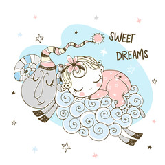 Baby girl sweetly sleeping on a sheep. Baby shower. Sweet dream. Vector