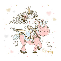 A fabulous cute Princess rides a pink unicorn. Vector.