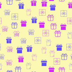 Gift boxes and parcels. Seamless vector pattern. Colorful background texture