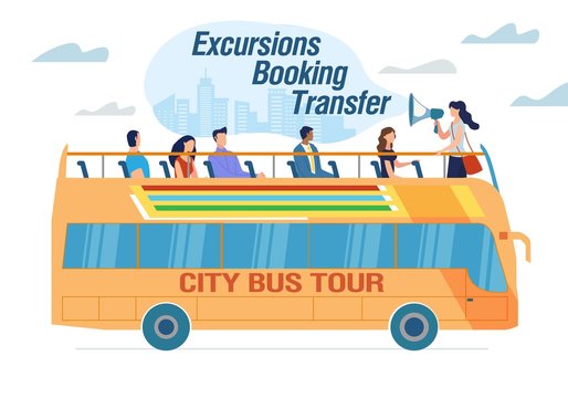 City Bus Tour and Excursion Booking Transfer Advert. Happy Excited People Tourist Traveling with Guide Holding Megaphone. Two-Deck Vehicle with Open Roof. City Voyage. Vector Illustration