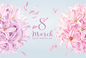 Lilac and pink Hyacinth flower and white Hydrangea flower for 8 March vector greeting card - 323601459