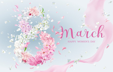 Floral vector greeting card for 8 March in watercolor style with lettering design - obrazy, fototapety, plakaty