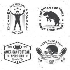 Set of american football or rugby club badge. Vector for shirt, logo, print, stamp, patch. Vintage design with bull, american football sportsman player, helmet, ball and shoulder pads silhouette