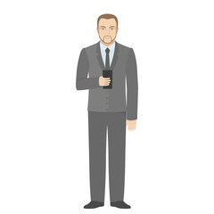 Caucasian man in suit standing and looking into smartphone in his hand. Vector illustration.