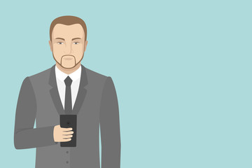 Manager looking into smartphone in his hand. Vector illustration.