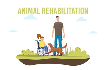 Disabled People Rehabilitation with Animals Trendy Flat Vector Banner, Poster Template. Girl with Disability, Injured Child, Paralyzed Daughter in Wheelchair Petting A Dog, Plays with Pet Illustration