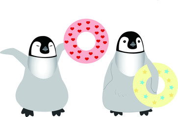 皇帝ペンギンの兄弟が浮き輪をもって泳ぎに行く